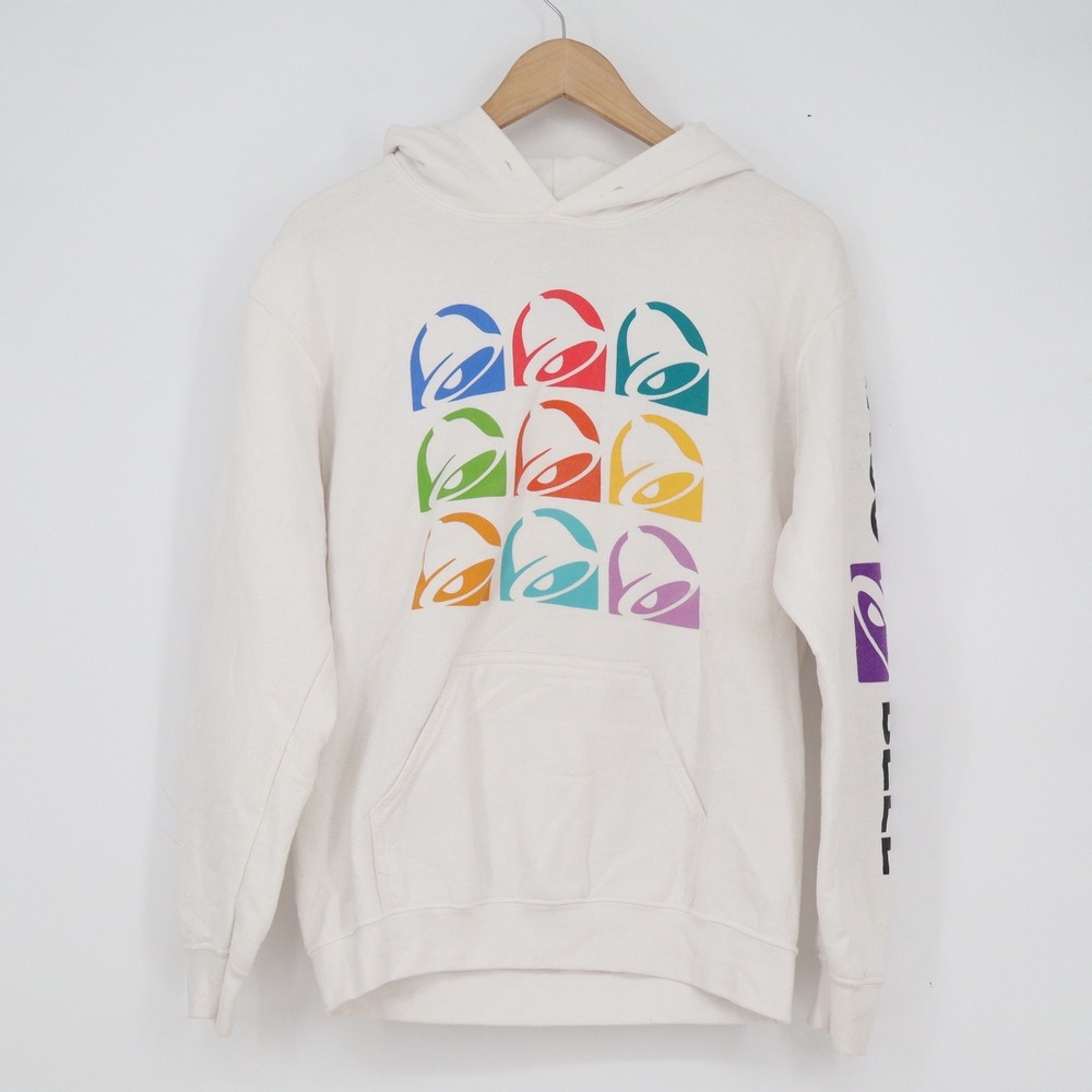 Taco Bell Hoodie White Multi Color Pop Art Logo Sleeve Graphic Mens Small